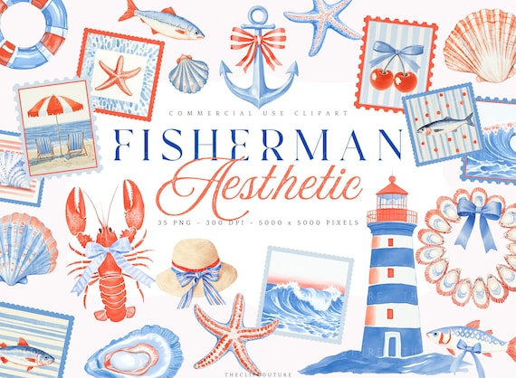 Fisherman Aesthetic Clipart, Coastal Coquette Fisherman Core, Sardine Clipart, Sailor Graphics, Vintage Beach Navy Bachelorette PNG Bundle