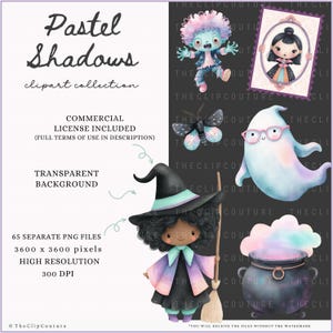 May include: A digital clipart collection titled "Pastel Shadows" featuring whimsical illustrations of a witch, ghost, zombie, and other Halloween-themed characters. Includes transparent background and commercial license. 65 PNG files, 3600 x 3600 pixels, 300 DPI.