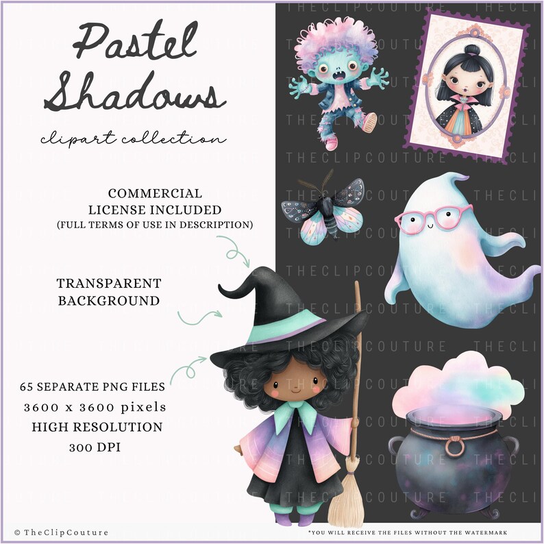 May include: A digital clipart collection titled "Pastel Shadows" featuring whimsical illustrations of a witch, ghost, zombie, and other Halloween-themed characters. Includes transparent background and commercial license. 65 PNG files, 3600 x 3600 pixels, 300 DPI.