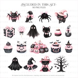 May include: A collection of Halloween-themed digital clip art. Includes illustrations of a black bat with pink wings, a black cat in a witch hat, pumpkins, cupcakes, and a spooky tree. The color palette features black, pink, and white.