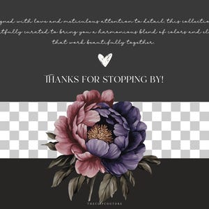 May include: A dark gray background with a white heart and the text "THANKS FOR STOPPING BY!"  A large, pink and purple flower with green leaves is in the bottom center of the image. The background is a checkered pattern.