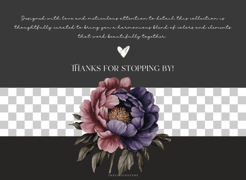 May include: A dark gray background with a white heart and the text "THANKS FOR STOPPING BY!"  A large, pink and purple flower with green leaves is in the bottom center of the image. The background is a checkered pattern.