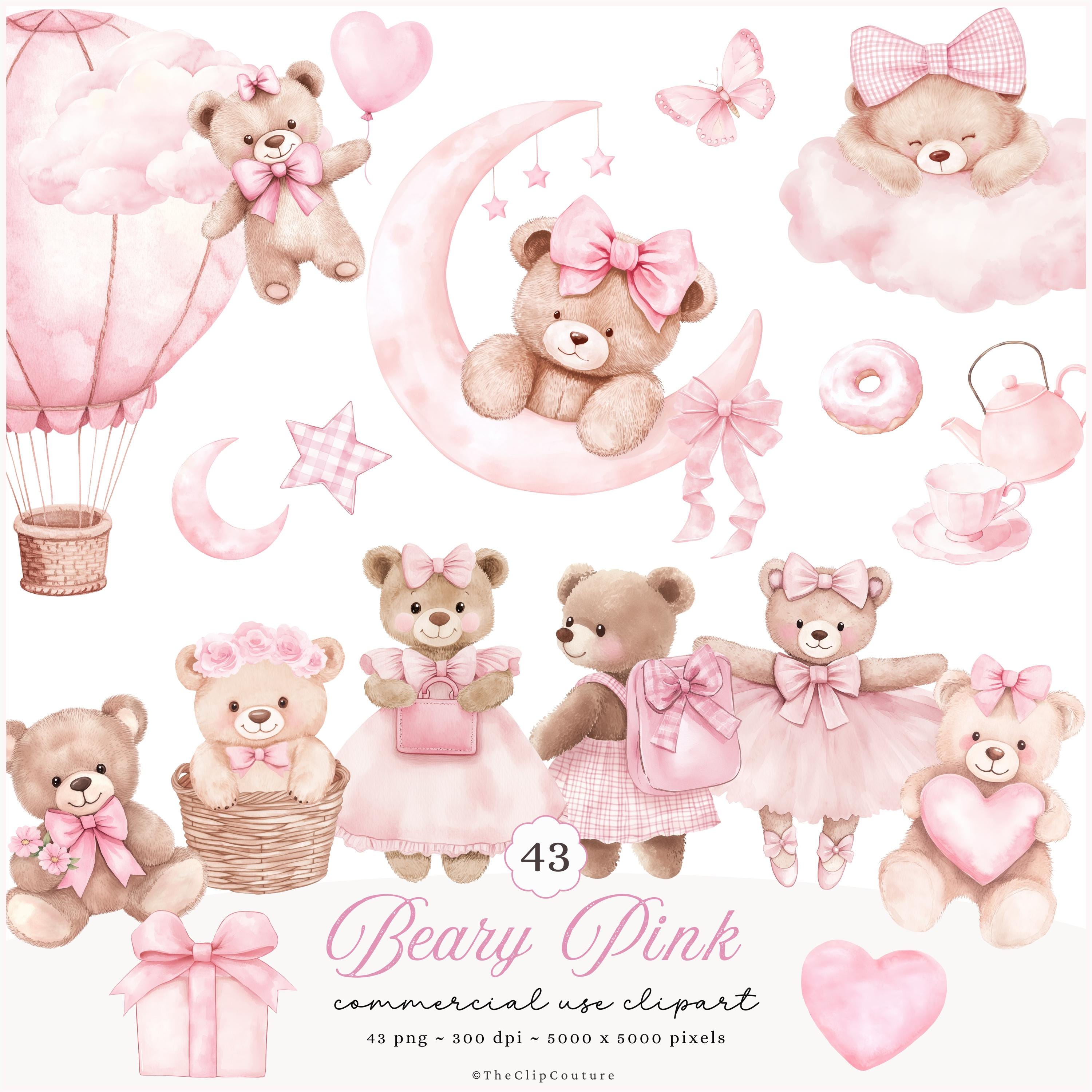 Watercolor Pink Teddy Bear Clipart, Pink Nursery PNG, Baby Shower Girl ...