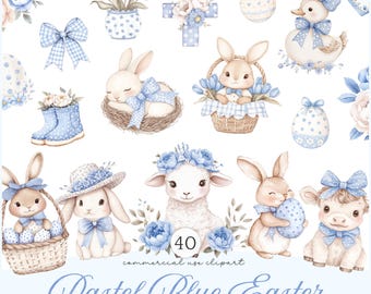 Pastel Blue Easter Clipart, Watercolor Easter Bunny PNG, Blue Spring Graphics (Digital Download)