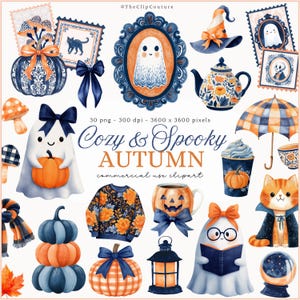 May include: Watercolor illustrations of autumn-themed items. The image includes pumpkins, ghosts, a witch's hat, a cat in a cape, and a sweater with floral patterns. The color palette features orange, blue, and white. Text on the image reads "Cozy & Spooky AUTUMN".