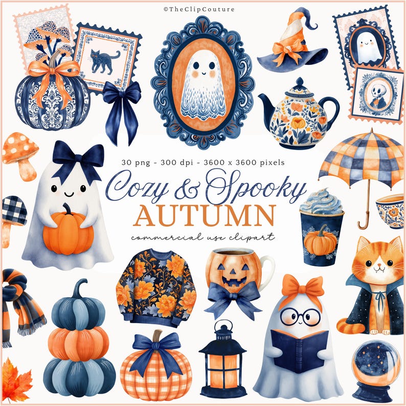 May include: Watercolor illustrations of autumn-themed items. The image includes pumpkins, ghosts, a witch's hat, a cat in a cape, and a sweater with floral patterns. The color palette features orange, blue, and white. Text on the image reads "Cozy & Spooky AUTUMN".