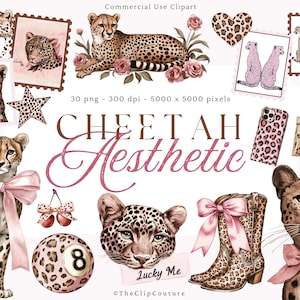 Clipart esthétique guépard, coquette clipart imprimé léopard, mode léopard, impression guépard PNG, 8 boules porte-bonheur, esthétique Y2K, Girly preppy PNG