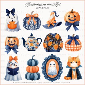 May include: Watercolor illustrations of Halloween-themed items, including pumpkins, ghosts, a witch's hat, and a cat. The set includes a variety of designs with blue and orange color schemes. Text on the image reads "Included in this Set 30 PNG FILES".