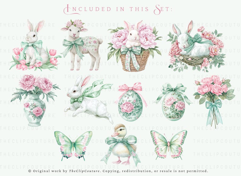 Green Easter Clipart, Spring Grandmillenial Easter PNG, Watercolor Spring Clipart, Toile Easter, Floral Easter PNG,Green Coquette Easter PNG image 3