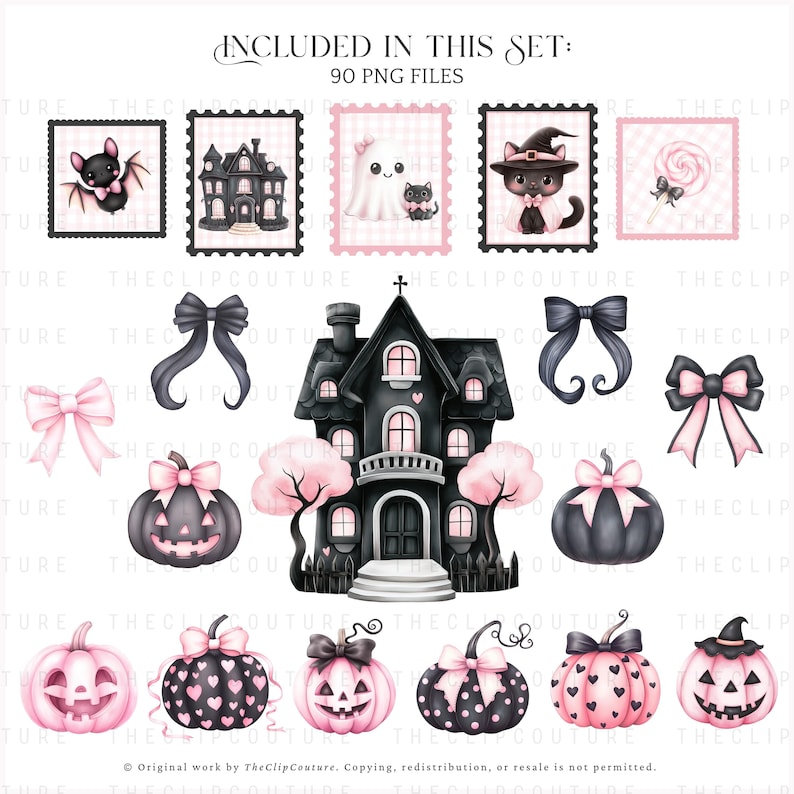May include: A collection of Halloween-themed digital clip art. Includes a black haunted house, pumpkins, bows, and stamps with a bat, ghost, cat, and lollipop. The color palette is black, pink, and white. Text reads "INCLUDED IN THIS SET: 90 PNG FILES".