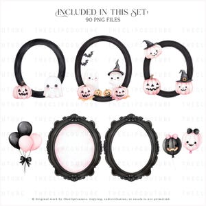 May include: A collection of Halloween-themed digital graphics. The set includes black oval frames, pink pumpkins, ghosts, bats, and witch hats. The text "INCLUDED IN THIS SET: 90 PNG FILES" is at the top. Copyright information is at the bottom.