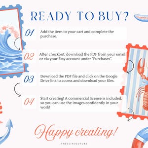 Może przedstawiać: Grafika z czterema krokami, jak kupić produkty cyfrowe na Etsy. Kroki są zilustrowane obrazami fali, homara, kotwicy i koła ratunkowego. Tekst brzmi "Gotowy do zakupu?" i "Miłego tworzenia!"