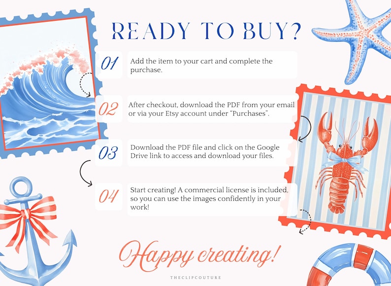 Może przedstawiać: Grafika z czterema krokami, jak kupić produkty cyfrowe na Etsy. Kroki są zilustrowane obrazami fali, homara, kotwicy i koła ratunkowego. Tekst brzmi "Gotowy do zakupu?" i "Miłego tworzenia!"