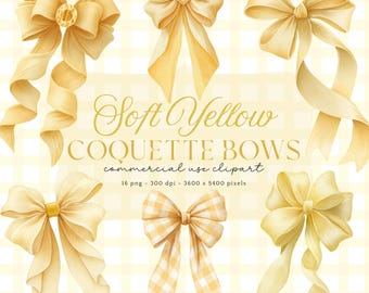 Yellow Bows Clipart, Coquette Ribbon PNG, Watercolor Yellow Bows, Soft Girl Era Aesthetic, Cute Bow PNG, Pastel Yellow Baby Girl Bow Clipart