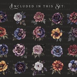 May include: A set of 10 watercolor floral illustrations featuring various flowers in shades of purple, pink, red, yellow, and blue. The flowers are arranged in bouquets and have a vintage aesthetic.