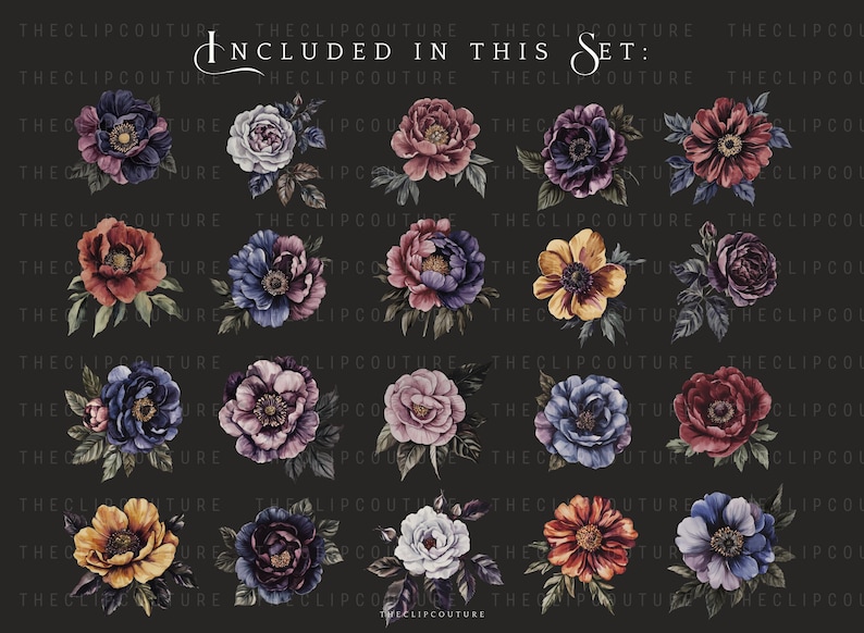 May include: A set of 10 watercolor floral illustrations featuring various flowers in shades of purple, pink, red, yellow, and blue. The flowers are arranged in bouquets and have a vintage aesthetic.