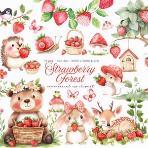 Erdbeere Clipart, Waldtiere PNG, Beere Erster Geburtstag, Niedliches Waldkinderzimmer Clip Art, Wald-Babyparty PNG Erdbeerparty