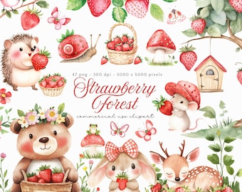 Strawberry Clipart, Woodland Animals PNG, Berry First Birthday, Cute Woodland Nursery Clip Art, Woodland Baby Shower PNG Strawberry Party
