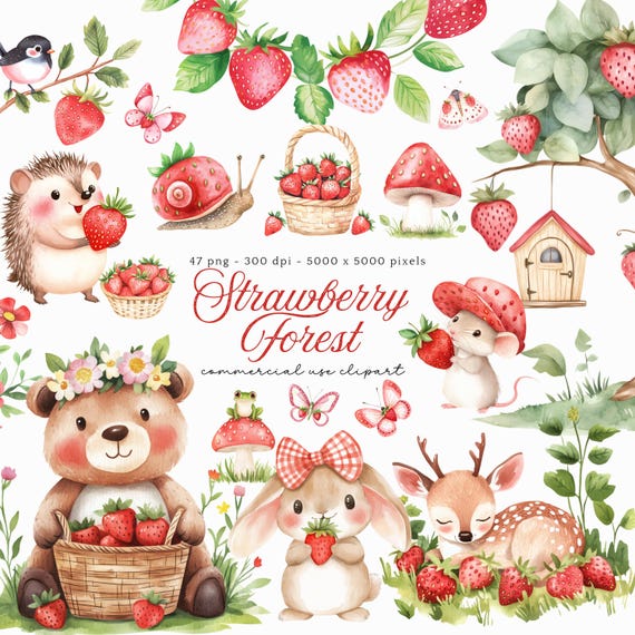 Strawberry Clipart, Woodland Animals PNG, Berry First Birthday, Cute Woodland Nursery Clip Art, Woodland Baby Shower PNG Strawberry Party