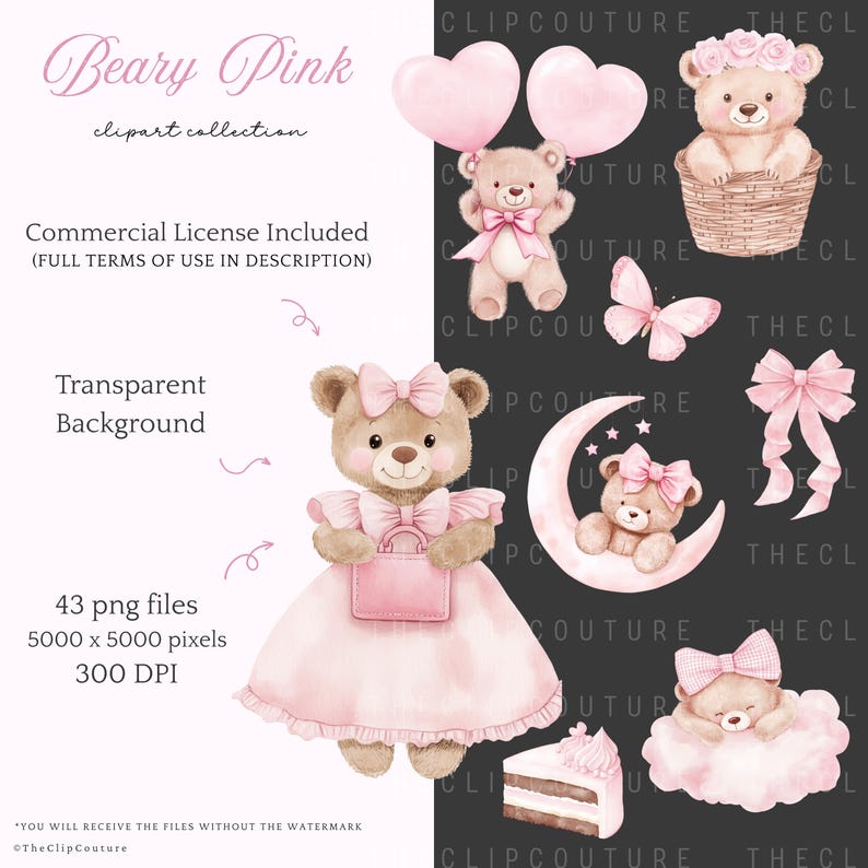 Watercolor Pink Teddy Bear Clipart, Pink Nursery PNG, Baby Shower Girl ...