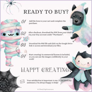 May include: A digital art print with a Halloween theme. The image features a mummy, a raccoon in a ghost costume, and a vampire. Text includes "READY TO BUY?" and instructions for downloading the digital file after purchase.