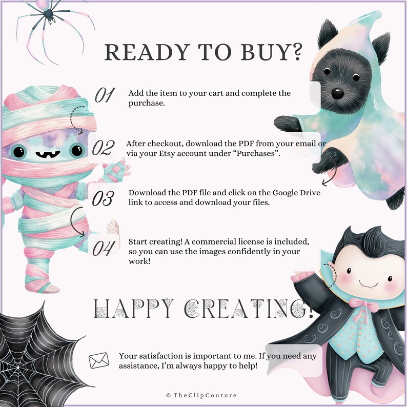 May include: A digital art print with a Halloween theme. The image features a mummy, a raccoon in a ghost costume, and a vampire. Text includes "READY TO BUY?" and instructions for downloading the digital file after purchase.