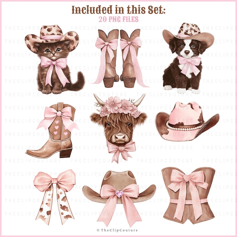 Western Coquette PNG Clipart, Coquette Cowgirl Clipart, Land PNG, Coquette Cowgirl Ästhetik, Cowboystiefel, Cowgirlhut, Highland Kuh PNG Bild 3