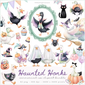 Halloween Goose Clipart, Cute Spooky Geese PNG, Silly Goose Halloween, Watercolor Halloween Animals, Witchy Halloween, Kids Halloween PNG