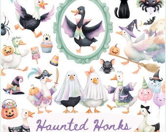Halloween Goose Clipart, Cute Spooky Geese PNG, Silly Goose Halloween, Watercolor Halloween Animals, Witchy Halloween, Kids Halloween PNG