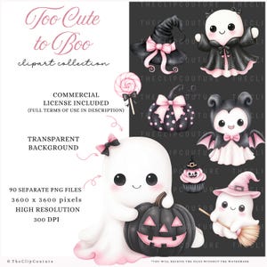 May include: A digital clipart collection titled "Too Cute to Boo" featuring various Halloween-themed illustrations. The collection includes a ghost holding a pumpkin, a witch's hat, a lollipop, and other spooky characters in black and pink. The image includes the text "Transparent Background".