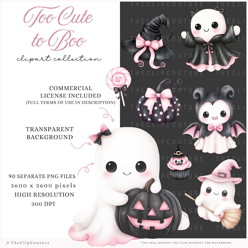 May include: A digital clipart collection titled "Too Cute to Boo" featuring various Halloween-themed illustrations. The collection includes a ghost holding a pumpkin, a witch's hat, a lollipop, and other spooky characters in black and pink. The image includes the text "Transparent Background".