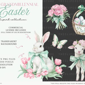Green Easter Clipart, Spring Grandmillenial Easter PNG, Watercolor Spring Clipart, Toile Easter, Floral Easter PNG,Green Coquette Easter PNG image 5