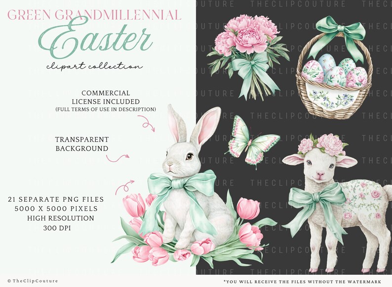 Green Easter Clipart, Spring Grandmillenial Easter PNG, Watercolor Spring Clipart, Toile Easter, Floral Easter PNG,Green Coquette Easter PNG image 5