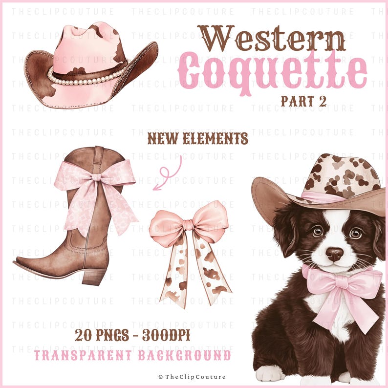 Western Coquette PNG Clipart, Coquette Cowgirl Clipart, Land PNG, Coquette Cowgirl Ästhetik, Cowboystiefel, Cowgirlhut, Highland Kuh PNG Bild 2