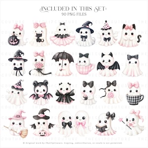May include: A collection of 25 adorable ghost illustrations in pink, black, and white. Each ghost has unique accessories like hats, bows, and accessories. The text "INCLUDED IN THIS SET: 90 PNG FILES" is at the top. TheClipCouture is the creator.