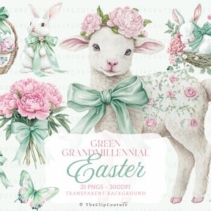 Green Easter Clipart, Spring Grandmillenial Easter PNG, Watercolor Spring Clipart, Toile Easter, Floral Easter PNG,Green Coquette Easter PNG image 2