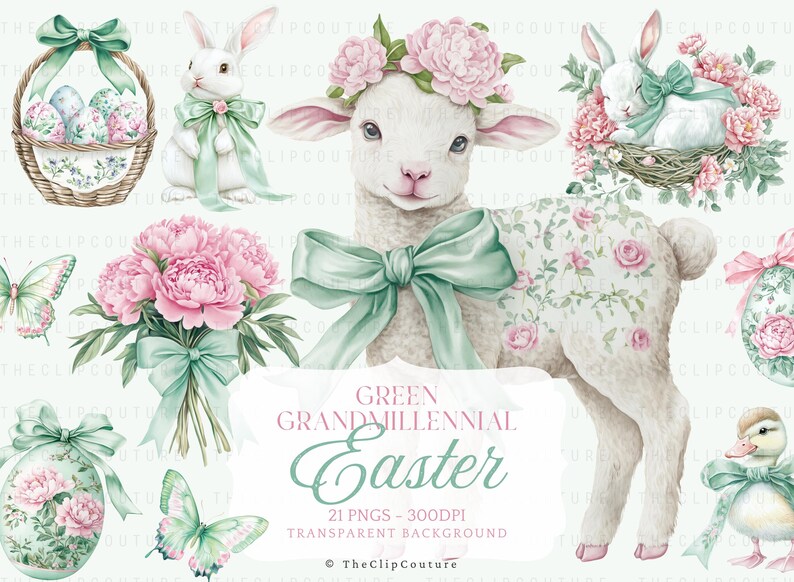 Green Easter Clipart, Spring Grandmillenial Easter PNG, Watercolor Spring Clipart, Toile Easter, Floral Easter PNG,Green Coquette Easter PNG image 2