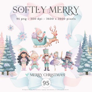 Può includere: Un'illustrazione digitale con il testo "SOFTLY MERRY" e "MERRY CHRISTMAS!". Raffigura Babbo Natale su una slitta trainata da una renna, insieme a elfi, uno schiaccianoci e una ballerina. L'immagine ha una palette di colori pastello.
