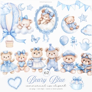Blue Bear Clipart, Baby Girl Bear PNG, Blue Nursery, Baby Shower Clipart, Blue Teddy Bear PNG, Blue Birthday Graphics, Boy Bear Clipart