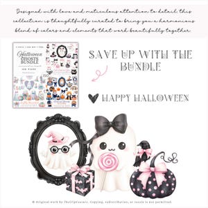 May include: A Halloween-themed digital art bundle featuring cute ghost illustrations, a black pumpkin with pink polka dots, and a gift box with bat designs. The image includes the text "Happy Halloween".