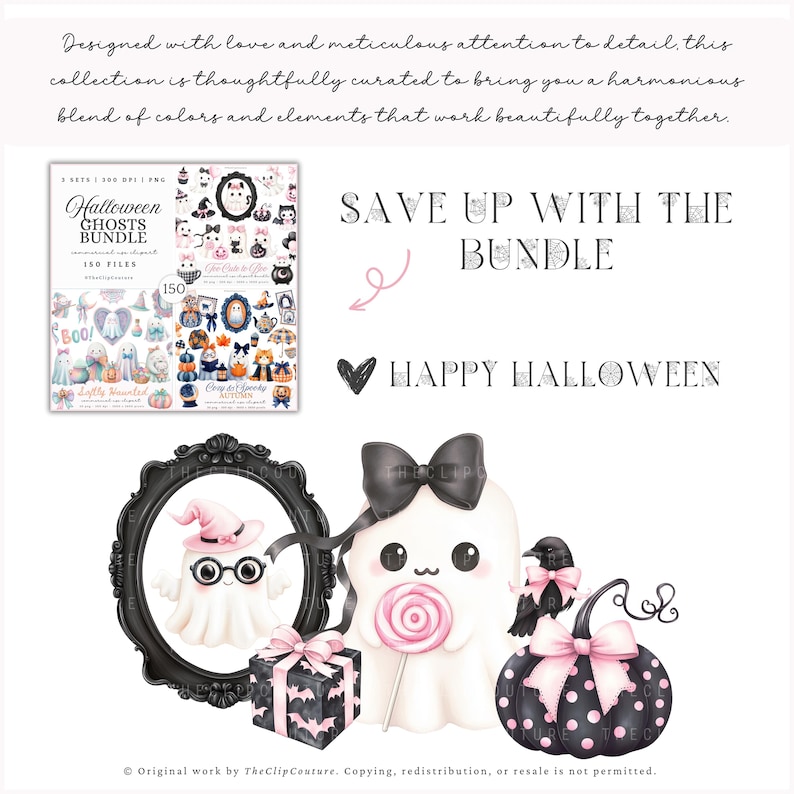 May include: A Halloween-themed digital art bundle featuring cute ghost illustrations, a black pumpkin with pink polka dots, and a gift box with bat designs. The image includes the text "Happy Halloween".