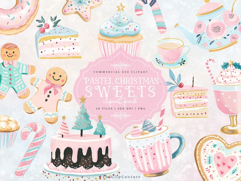 Pastel Christmas Clipart, Pink Christmas PNG, Sweets Clipart, Gingerbread Cookie, Christmas Cookie Clipart, Gingerbread Man,Preppy Christmas image 1