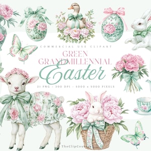 Green Easter Clipart, Spring Grandmillenial Easter PNG, Watercolor Spring Clipart, Toile Easter, Floral Easter PNG,Green Coquette Easter PNG