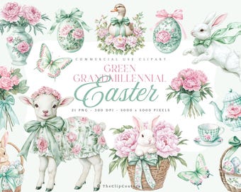 Green Easter Clipart, Spring Grandmillenial Easter PNG, Watercolor Spring Clipart, Toile Easter, Floral Easter PNG,Green Coquette Easter PNG