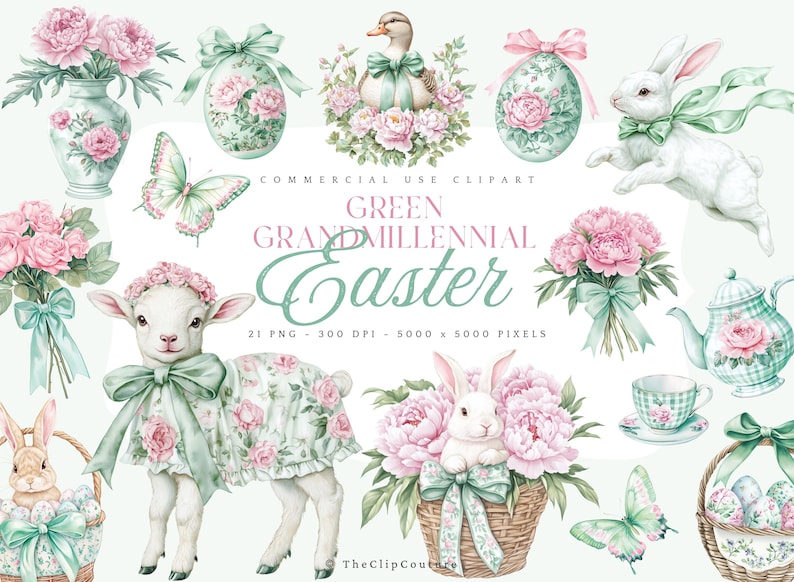Green Easter Clipart, Spring Grandmillenial Easter PNG, Watercolor Spring Clipart, Toile Easter, Floral Easter PNG,Green Coquette Easter PNG image 1