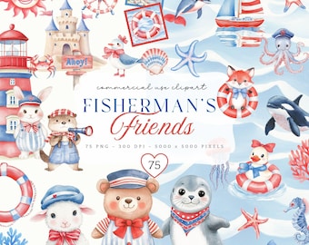 Clipart ze zwierzętami morskimi, mały żeglarz PNG, estetyka rybaka, morski pokój dziecięcy PNG, miś marynarz, zwierzęta oceaniczne PNG, pobieranie cyfrowe