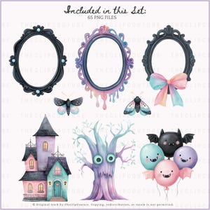 May include: A digital art set featuring whimsical Halloween-themed illustrations. Includes ornate frames, moths, a haunted house, a spooky tree, and bat-shaped balloons. The text "Included in this Set: 65 PNG FILES" is at the top.