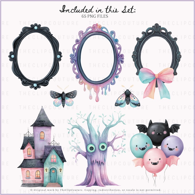 May include: A digital art set featuring whimsical Halloween-themed illustrations. Includes ornate frames, moths, a haunted house, a spooky tree, and bat-shaped balloons. The text "Included in this Set: 65 PNG FILES" is at the top.