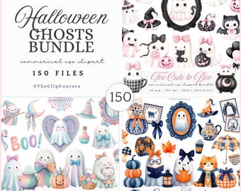 Cute Ghost Halloween Clipart Bundle, Pink Halloween Clipart, Pastel Halloween Ghosts, Spooky Fall PNG, Digital Download