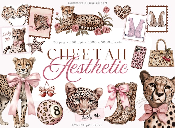 Cheetah Aesthetic Clipart, Coquette Leopard Print Clipart, Leopard Fashion, Cheetah Print PNG, 8 Ball Lucky, Y2K Aesthetic, Girly Preppy PNG